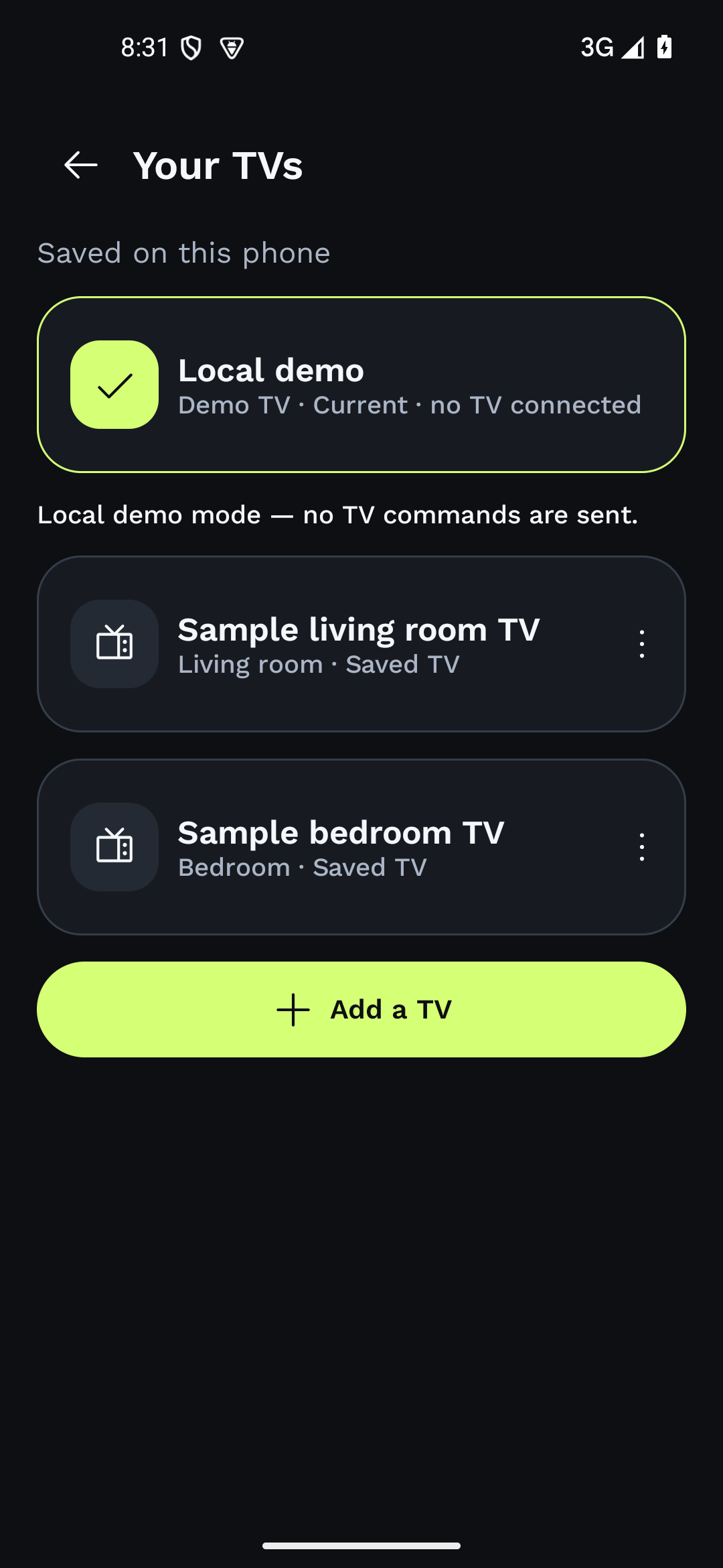 The native saved-TV list with sample living-room and bedroom TVs in local demo mode.