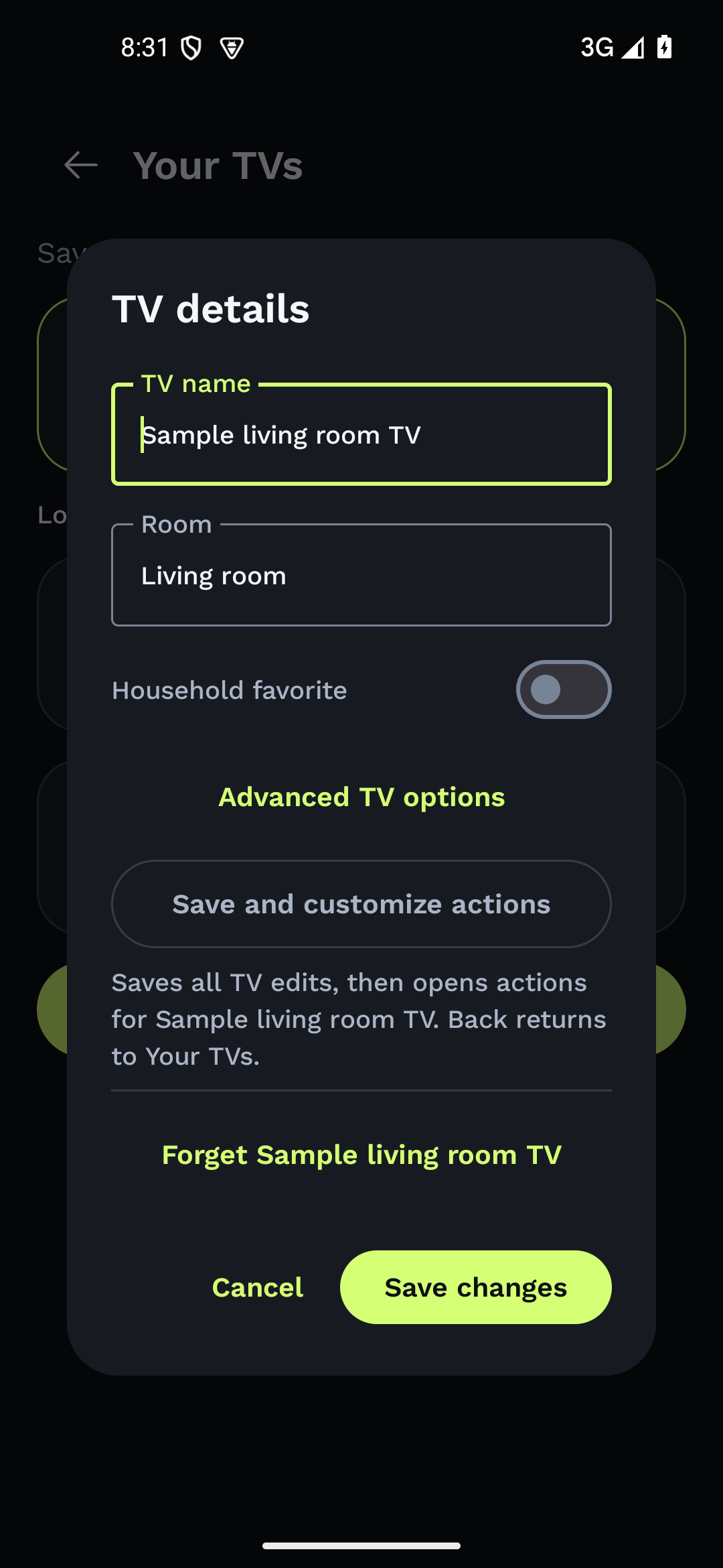 The native TV details dialog for a sample living-room TV, showing editable name and room fields.
