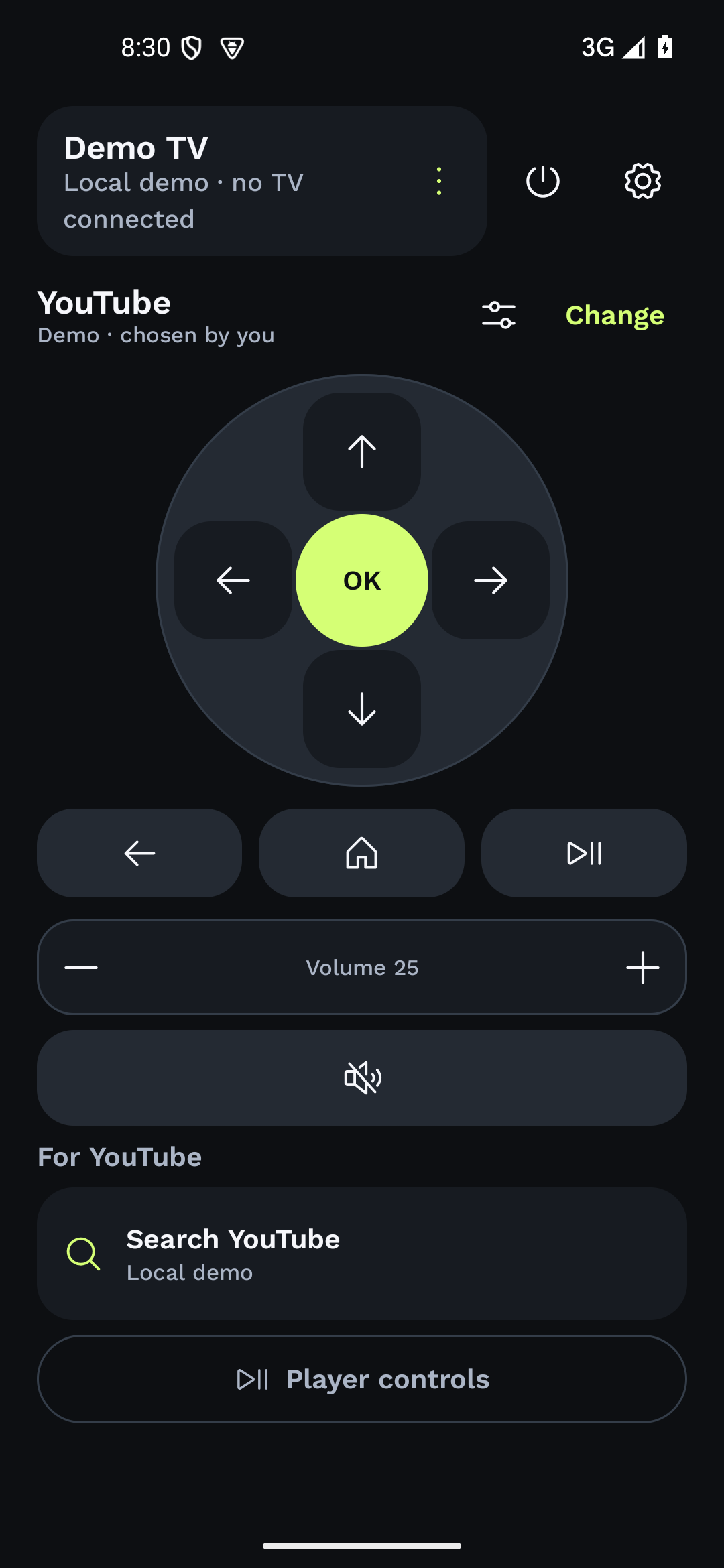 The native YouTube controls marked Demo, chosen by you. No TV is connected.