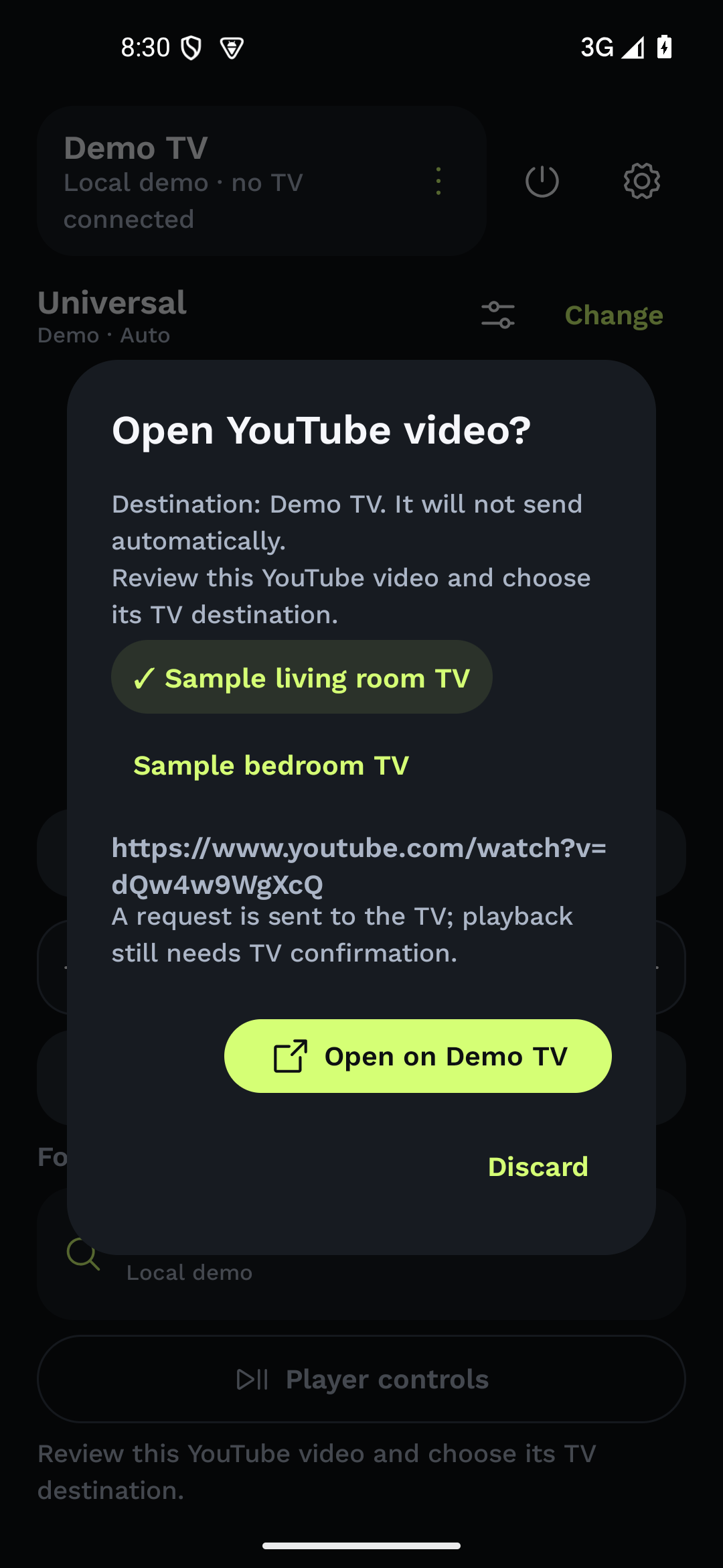 The native YouTube share review screen in local demo mode. No TV is connected.